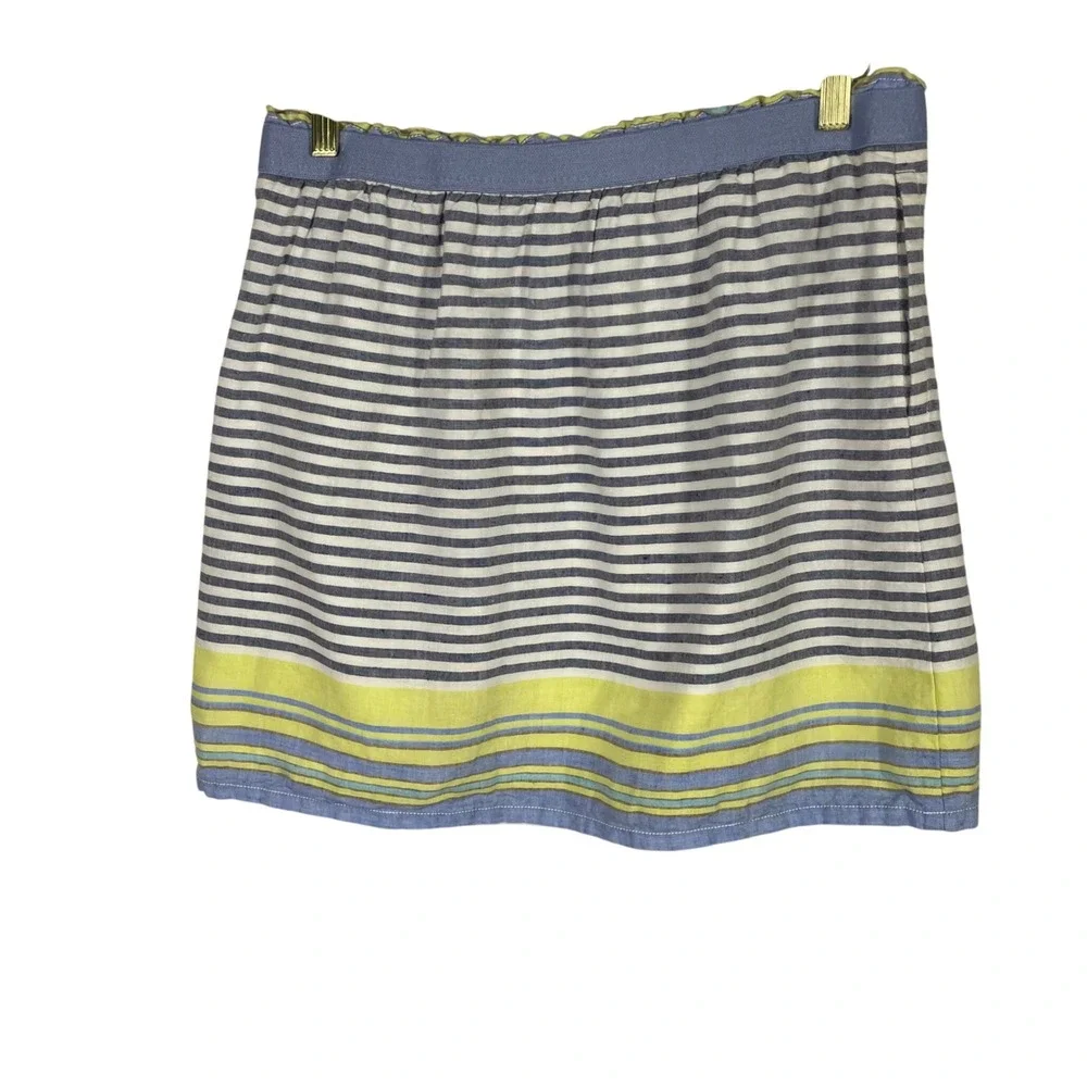 Ann Taylor LOFT‎ Striped Linen Blend Skirt M Blue White Yellow Pockets 15x17